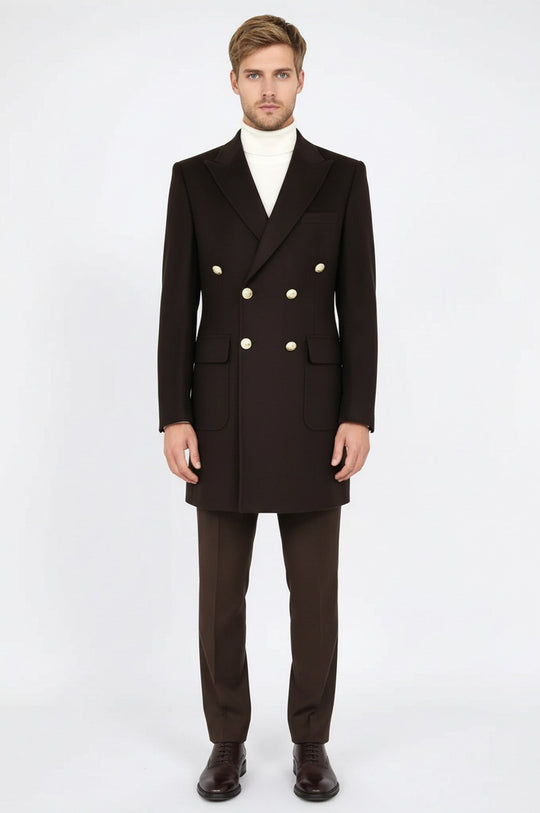 Brown Slim Fit Double Breasted Metal Button Wool-Rich Long Coat – Wessi