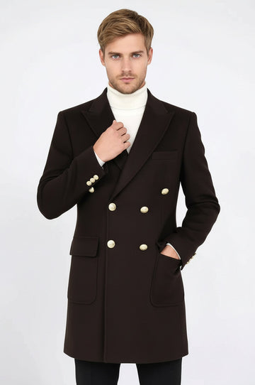 Brown Slim Fit Double Breasted Metal Button Wool-Rich Long Coat – Wessi