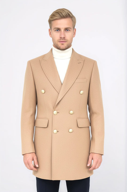 Cream Slim Fit Double Breasted Metal Button Wool-Rich Long Coat – Wessi