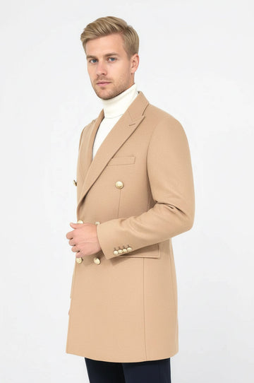 Cream Slim Fit Double Breasted Metal Button Wool-Rich Long Coat – Wessi