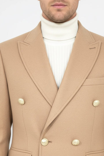 Cream Slim Fit Double Breasted Metal Button Wool-Rich Long Coat – Wessi