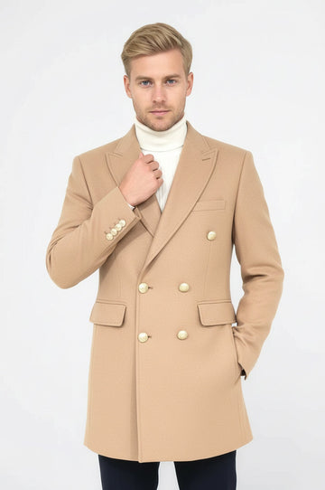 Cream Slim Fit Double Breasted Metal Button Wool-Rich Long Coat – Wessi