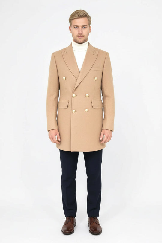 Cream Slim Fit Double Breasted Metal Button Wool-Rich Long Coat – Wessi