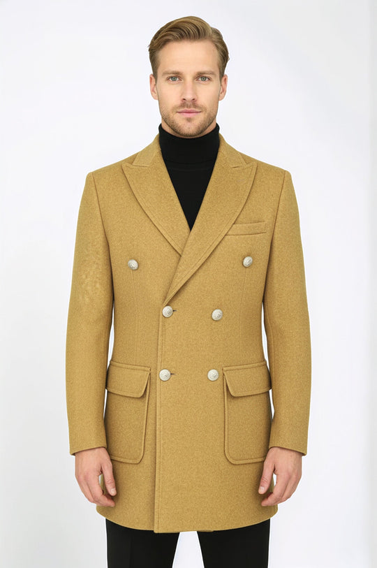 Tan Double Breasted Wool Overcoat with Metal Buttons – Wessi