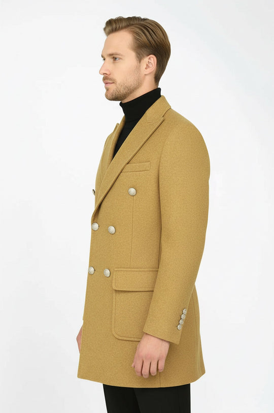 Tan Double Breasted Wool Overcoat with Metal Buttons – Wessi