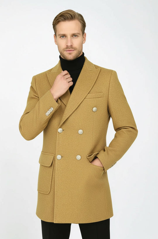 Tan Double Breasted Wool Overcoat with Metal Buttons – Wessi