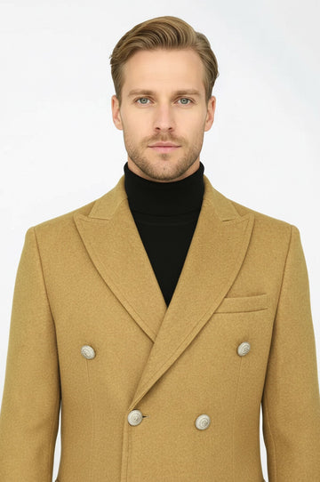 Tan Double Breasted Wool Overcoat with Metal Buttons – Wessi