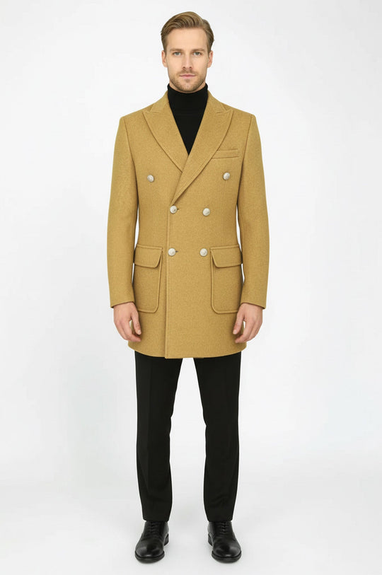 Tan Double Breasted Wool Overcoat with Metal Buttons – Wessi
