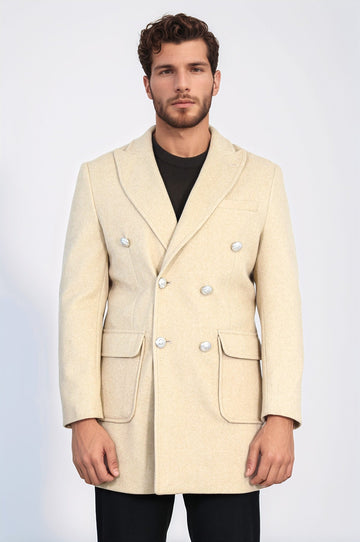 Camel Slim Fit Double Breasted Metal Button Wool-Rich Long Coat – Wessi