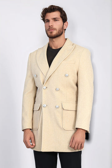 Camel Slim Fit Double Breasted Metal Button Wool-Rich Long Coat – Wessi