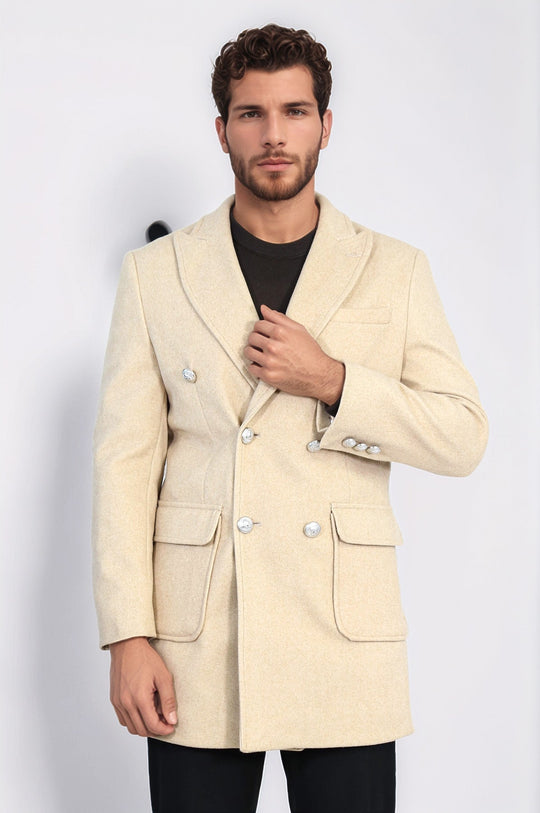 Camel Slim Fit Double Breasted Metal Button Wool-Rich Long Coat – Wessi