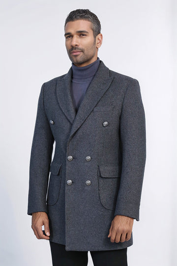 Anthracite Slim Fit Double Breasted Metal Button Wool-Rich Long Coat – Wessi