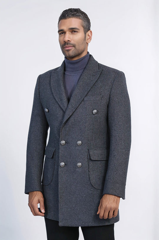Anthracite Slim Fit Double Breasted Metal Button Wool-Rich Long Coat – Wessi