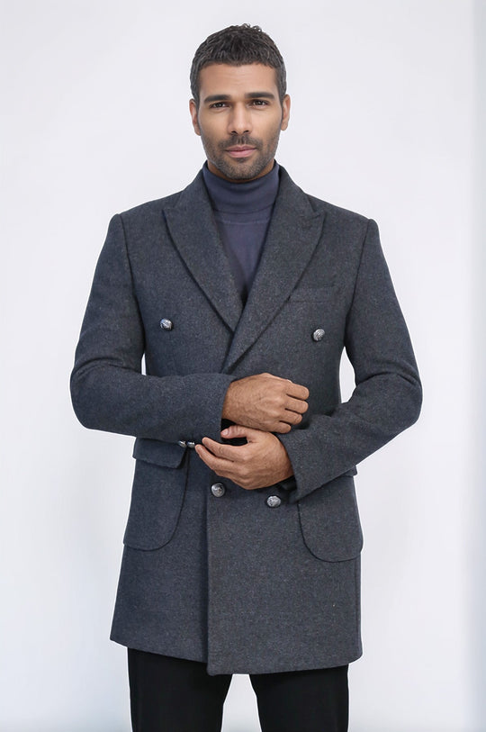 Anthracite Slim Fit Double Breasted Metal Button Wool-Rich Long Coat – Wessi