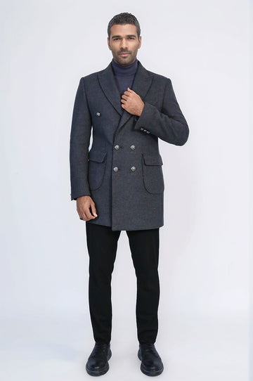 Anthracite Slim Fit Double Breasted Metal Button Wool-Rich Long Coat – Wessi