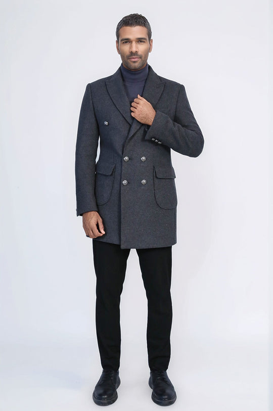 Anthracite Slim Fit Double Breasted Metal Button Wool-Rich Long Coat – Wessi