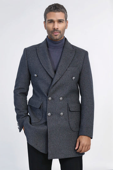Anthracite Slim Fit Double Breasted Metal Button Wool-Rich Long Coat – Wessi