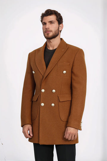 Tan Slim Fit Double Breasted Metal Button Wool-Rich Long Coat – Wessi