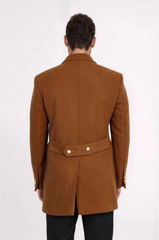 Tan Slim Fit Double Breasted Metal Button Wool-Rich Long Coat – Wessi