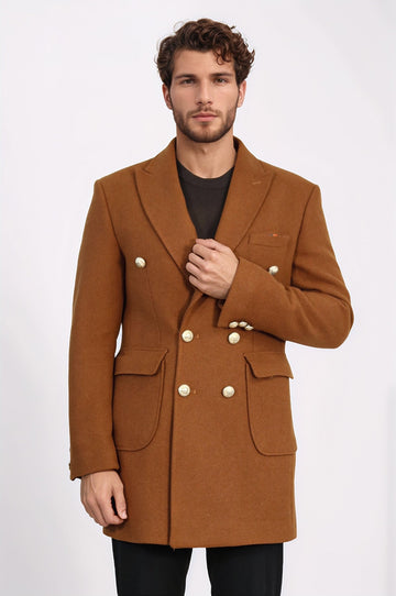 Tan Slim Fit Double Breasted Metal Button Wool-Rich Long Coat – Wessi