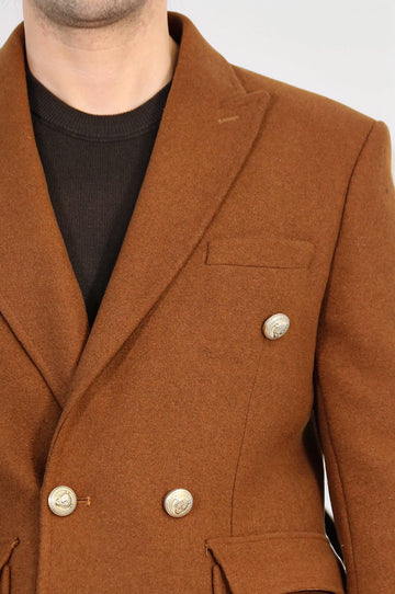 Tan Slim Fit Double Breasted Metal Button Wool-Rich Long Coat – Wessi