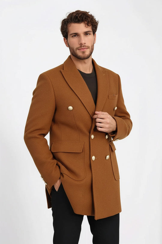 Tan Slim Fit Double Breasted Metal Button Wool-Rich Long Coat – Wessi