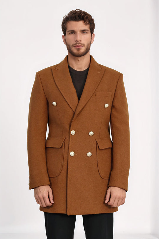 Tan Slim Fit Double Breasted Metal Button Wool-Rich Long Coat – Wessi