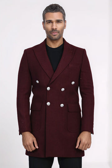 Burgundy Slim Fit Double Breasted Metal Button Wool-Rich Long Coat – Wessi