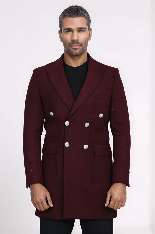 Burgundy Slim Fit Double Breasted Metal Button Wool-Rich Long Coat – Wessi