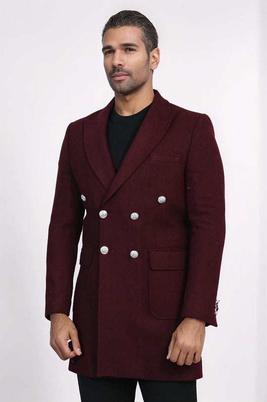 Burgundy Slim Fit Double Breasted Metal Button Wool-Rich Long Coat – Wessi