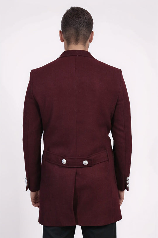 Burgundy Slim Fit Double Breasted Metal Button Wool-Rich Long Coat – Wessi