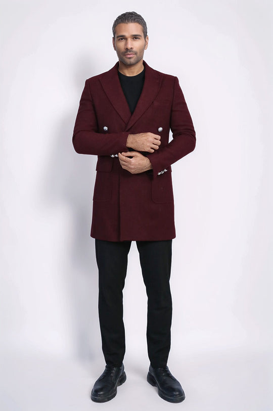 Burgundy Slim Fit Double Breasted Metal Button Wool-Rich Long Coat – Wessi
