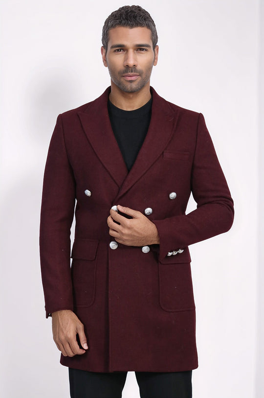 Burgundy Slim Fit Double Breasted Metal Button Wool-Rich Long Coat – Wessi