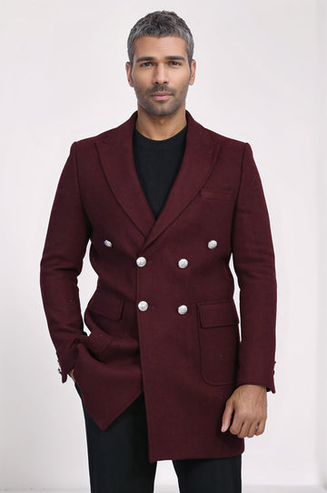 Burgundy Slim Fit Double Breasted Metal Button Wool-Rich Long Coat – Wessi
