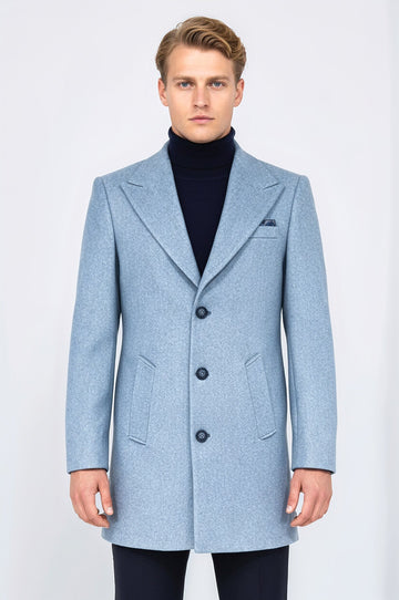 Light Blue Slim Fit Wide Peak Lapel Wool Blend Coat – Wessi