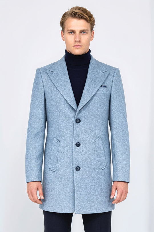 Light Blue Slim Fit Wide Peak Lapel Wool Blend Coat – Wessi