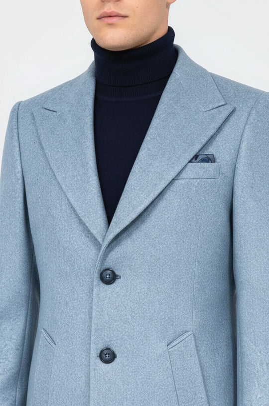 Light Blue Slim Fit Wide Peak Lapel Wool Blend Coat – Wessi