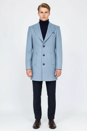 Light Blue Slim Fit Wide Peak Lapel Wool Blend Coat – Wessi