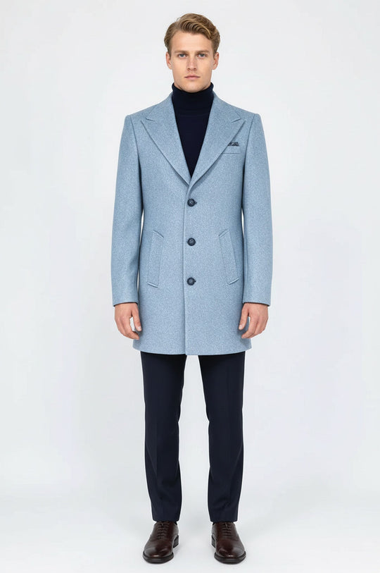 Light Blue Slim Fit Wide Peak Lapel Wool Blend Coat – Wessi
