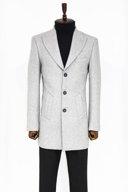 Grey Slim Fit Wide Peak Lapel Wool Blend Coat – Wessi