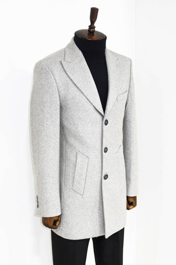 Grey Slim Fit Wide Peak Lapel Wool Blend Coat – Wessi