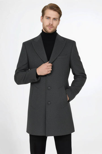 Anthracite Slim Fit Wide Peak Lapel Wool Blend Coat – Wessi