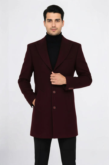 Burgundy Slim Fit Wide Peak Lapel Wool Blend Coat – Wessi