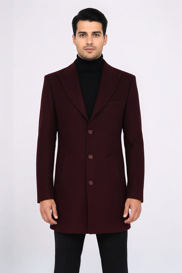 Burgundy Slim Fit Wide Peak Lapel Wool Blend Coat – Wessi