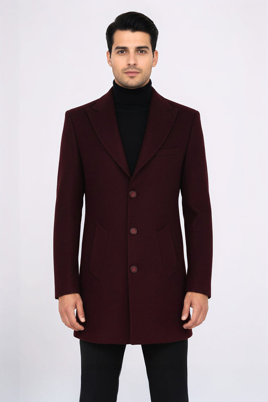 Burgundy Slim Fit Wide Peak Lapel Wool Blend Coat – Wessi