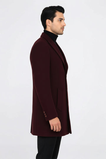 Burgundy Slim Fit Wide Peak Lapel Wool Blend Coat – Wessi