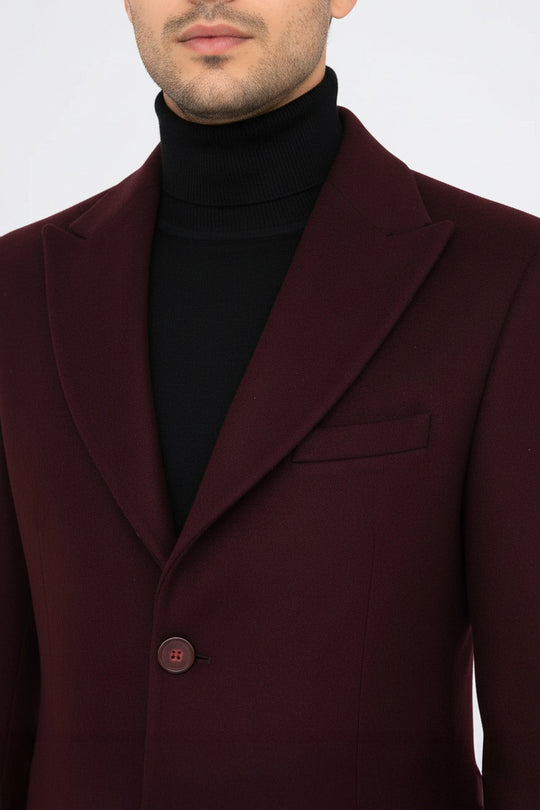 Burgundy Slim Fit Wide Peak Lapel Wool Blend Coat – Wessi