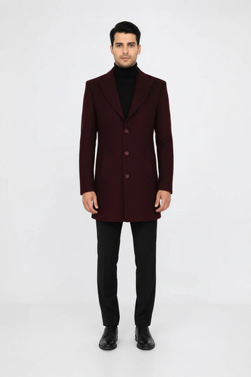 Burgundy Slim Fit Wide Peak Lapel Wool Blend Coat – Wessi