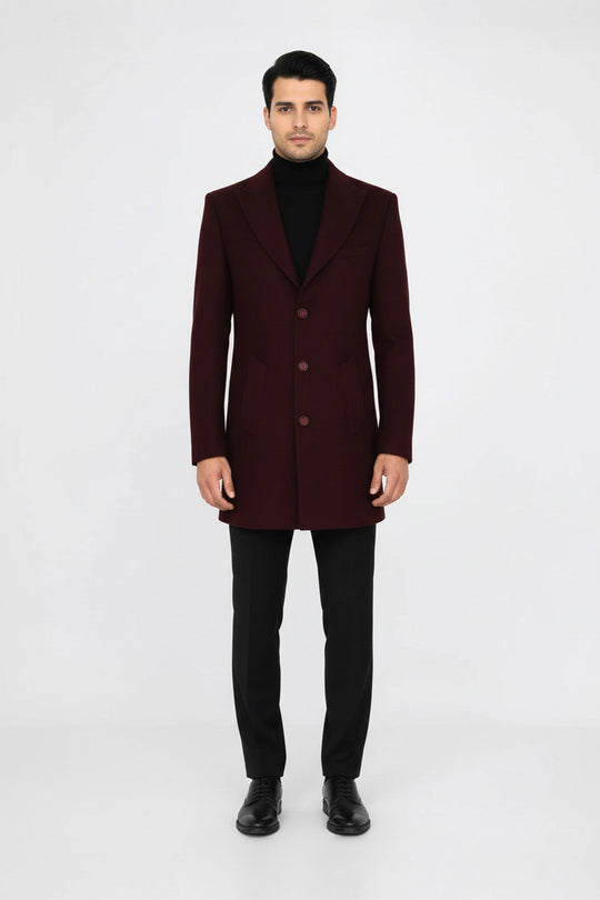 Burgundy Slim Fit Wide Peak Lapel Wool Blend Coat – Wessi