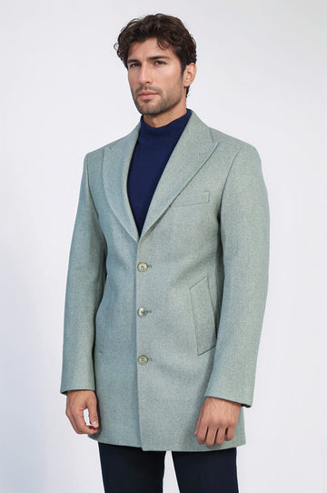 Olive Green Slim Fit Wide Peak Lapel Wool Blend Coat – Wessi